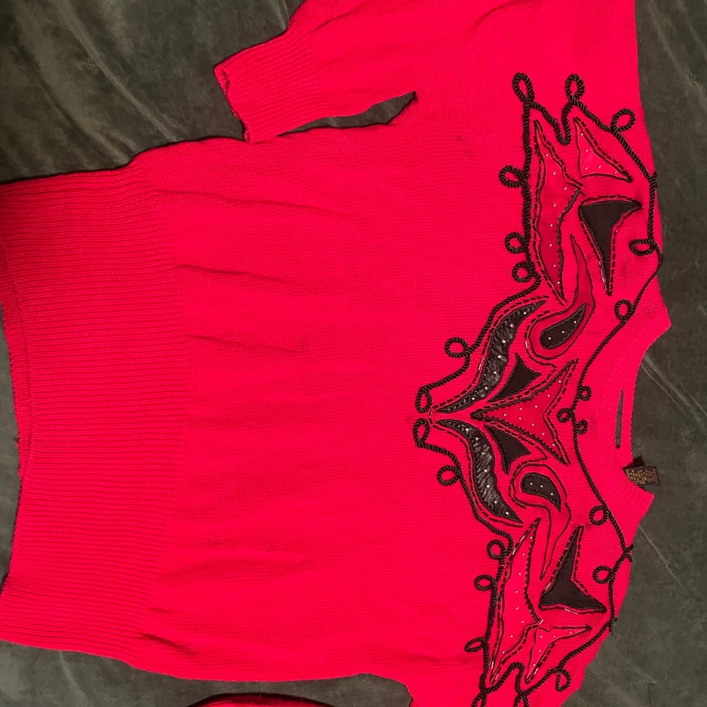 VTG 80’s Sweater with Leather and Embroidered Patchwork Detail